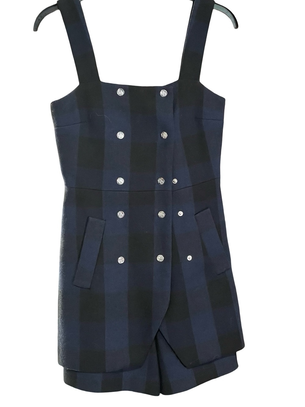 Maje Romper Skirt Overlay Dress Shorts Navy Black Plaid Women’s XS (34)